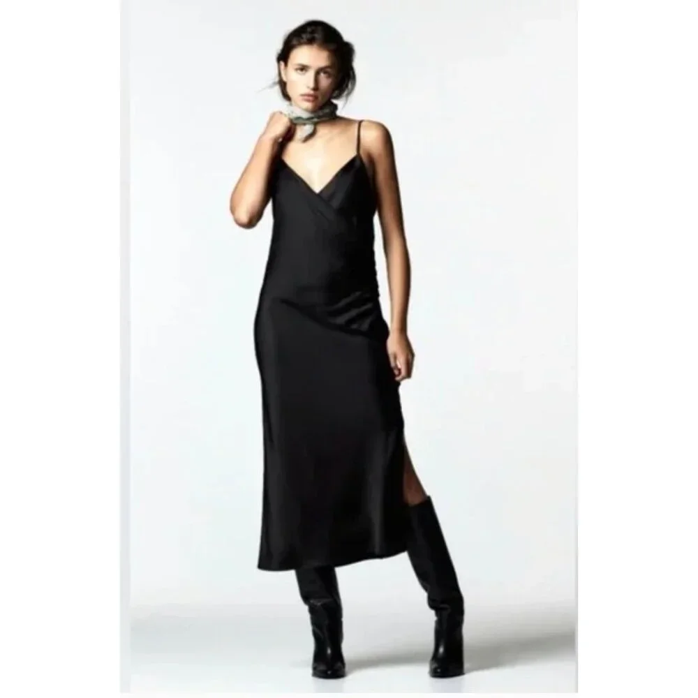 Zara Side Ruched Midi Slip Dress Satin Effect Black Straps Sleek Party Small - Picture 6 of 16